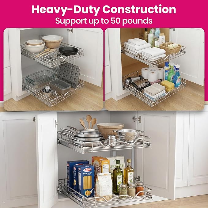 2-Tier Pull-Out Cabinet Organizer with Heavy-Duty Steel Frame, Full-Extension Sliding Shelves, Holds 100 lbs, Easy Install for Kitchen, Pantry & Under Sink Cabinets, 24" W x 21”D x 16.5" H