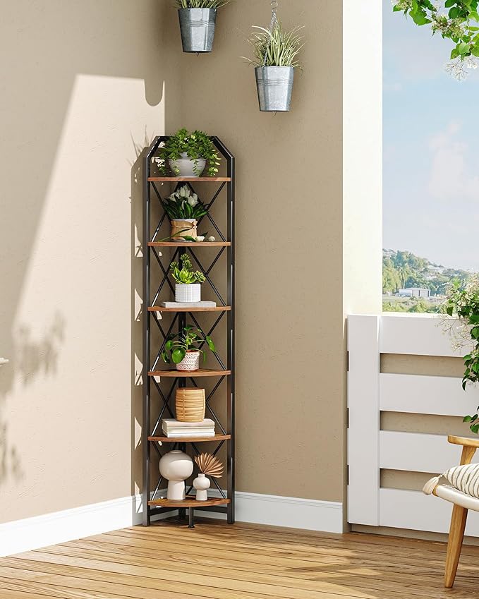 6-Tier Corner Shelf, Industrial Corner Bookshelf, 71.2" Corner Storage Stand, Plant Stand Display Shelf, Corner Bookcase for Bedroom, Living Room, Home Office, Rustic Brown and Black TCJ11BF