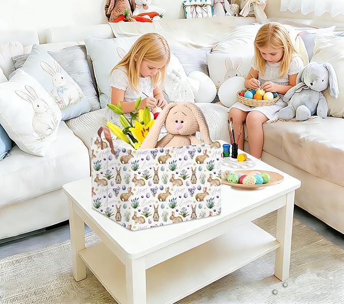 Rectangular Easter Eggs Basket Empty,Toys Storage Bin with Handles,Baby Room Decor,Gift Basket(Watercolor Eggs)