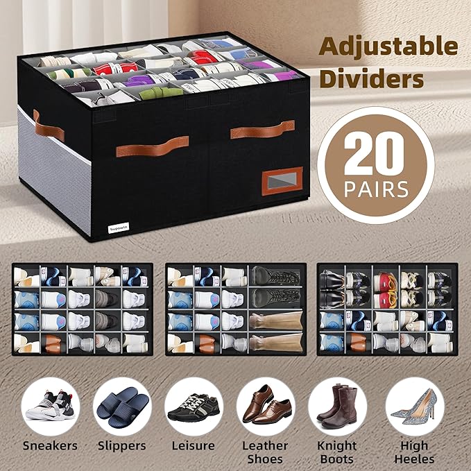 Shoe Organizer for Closet, Foldable Shoe Storage Bins with Lid & Adjustable Dividers, Fabric Shoe Box Storage Containers with Four Reinforced Handles, Fits 20 Pairs, 1 Pack, Black
