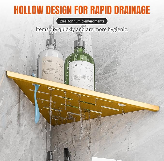 HBXS Shower Corner Shelf with Razor Hole,Modern Style Shower Caddy, Sturdy 304 Stainless Steel Shower Organizer,No Drilling Bathroom Corner Shelf for Tile Wall Gold 2 Pack-10