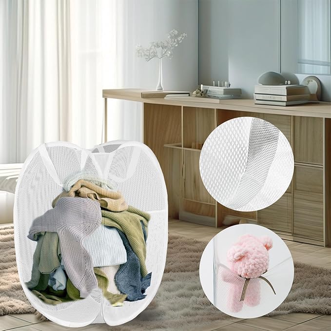 LXLOVESM Pop Up Laundry Hamper, Mesh Laundry Basket Collapsible, Foldable Hamper for Travel and Storage (White)
