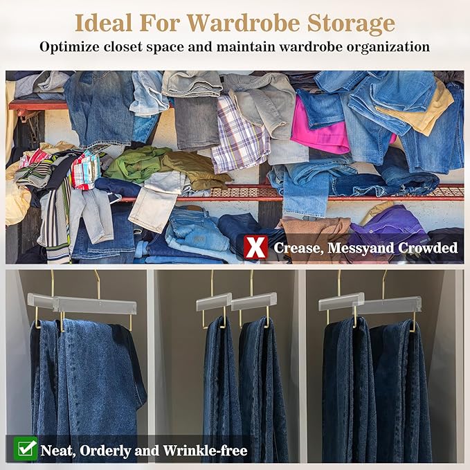 Chunful 10 Pcs Clear Pants Hanger Acrylic Clothes Hangers with Gold Hooks and Bar Heavy Duty Clothes Skirt Jeans Hook Storage and Organizer for Home Cabinet Shop Dress, 12.7 x 6 Inch