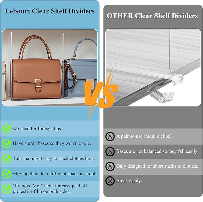 Lebouri Shelf Dividers for Closet Organization - 10" Tall x 12" Deep Acrylic Closet Dividers for Shelves - Clear Free-Standing Shelf Separators for Clothes Sweater Purse