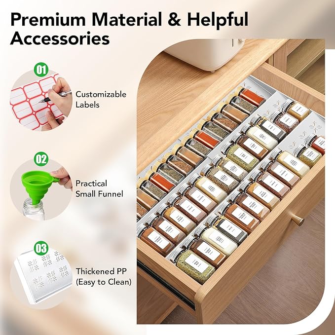 2-Pack Expandable Spice Drawer Organizer (11"-22"), 3-Tier Angled Seasoning Rack for Kitchen, Sturdy Vented Insert with Labels & Funnel, Fits Standard & Biger Spice Jars (Jars Not Included) WH