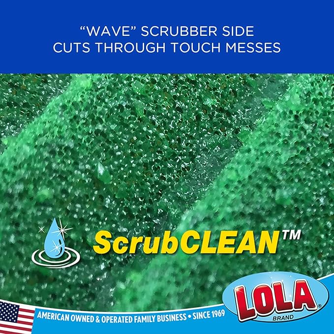 LOLA Heavy Duty Scrub Sponges, 2 Pack, Made in USA, Superior Sponge Lasts up to 4X Longer, Reusable Long Lasting, Next Generation Cleaning