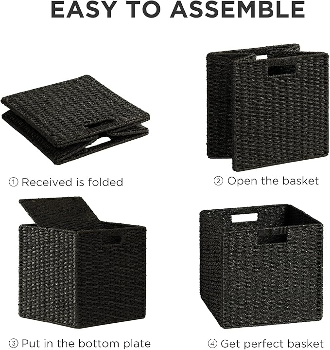 UBBCARE 3 Pack Wicker Basket, 11L×11H×10.5W inch Woven Paper Rope Storage Baskets for shelves, Foldable Cube Storage bin with Handle, Storage Basket for Organizing & Decor, Black