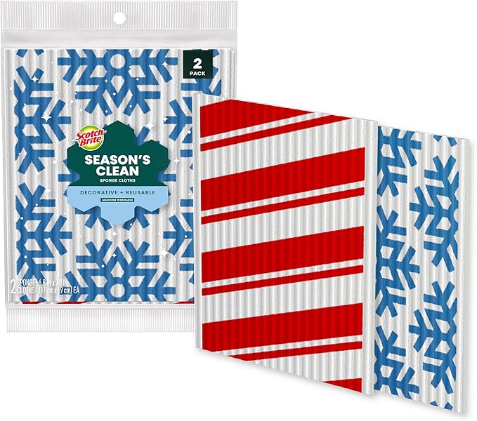 Scotch-Brite Season’s Clean Sponge Cloths, Reusable Dish Towel That Absorbs Like a Sponge, Holiday Patterned Wipes for Nonstick Cookware, Tile, Countertops, Mirrors, and Faucets, 2 Dish Towels