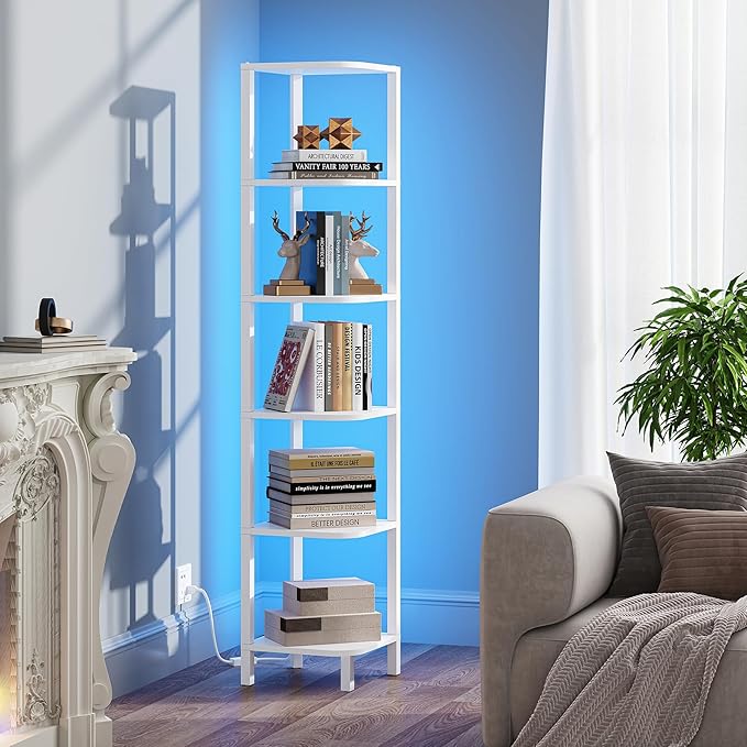 TUTOTAK Corner Shelf with LED Light, 6-Tier Corner Bookshelf for Small Space, Narrow Display Corner Shelf Stand with Storage Rack, for Living Room, Bedroom, White BS08BW006L