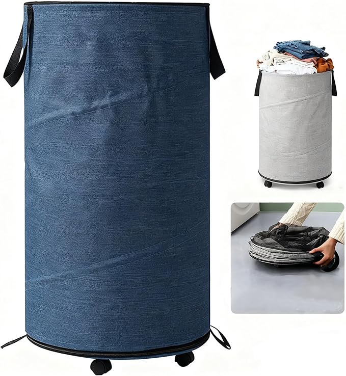 Large Laundry Basket，Waterproof, Freestanding Laundry Hamper, laundry baskets on wheels，Collapsible Tall Clothes Hamper with Extended Handles for Clothes Toys in the Dorm and Family-(72L) (blue)