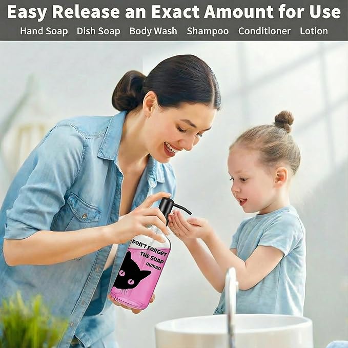 Black Cat Soap Dispenser 17 oz Clear Glass Hand Soap Bottle with 304 Stainless Steel Pump Bathroom Accessories Cute Cat Décor Cat Lover Gift