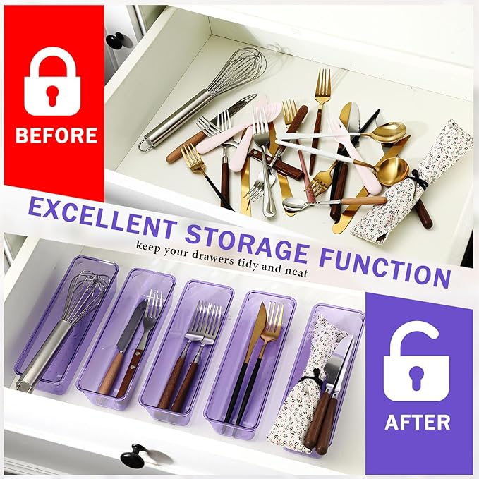 Maitys 12 Pcs Clear Drawer Organizer 9 x 3 x 2 Inches Plastic Rectangle Trays Makeup Vanity Storage Bins and Kitchen Drawers Dividers for Office Desk Silverware Kitchen Utensils(Purple)