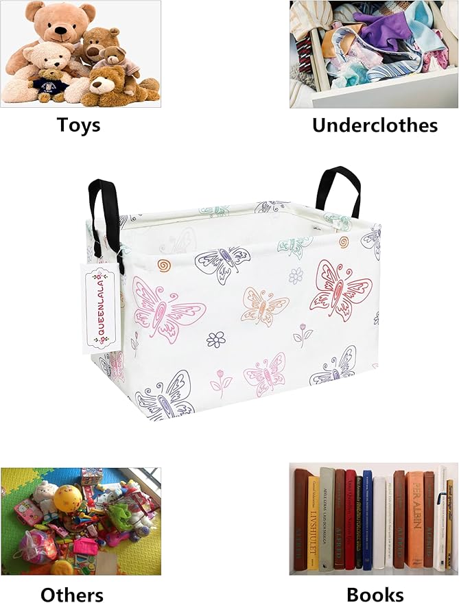 QUEENLALA Rectangular Laundry Hamper/Foldable Nursery Laundry Basket for Organizing/Storage Bin Baskets/Children Toy Office Bedroom/Toy Bin Closet Shelf Baskets（Rec-Colorful Butterfly）