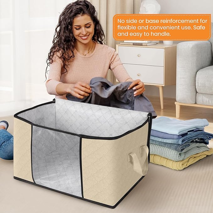 Fab totes 3 Pack Clothes Storage, Foldable Thick Fabric Blanket Storage Bags, Containers for Organizing Bedroom, Closet, Clothing, Comforter, Organization with Handle,Beige