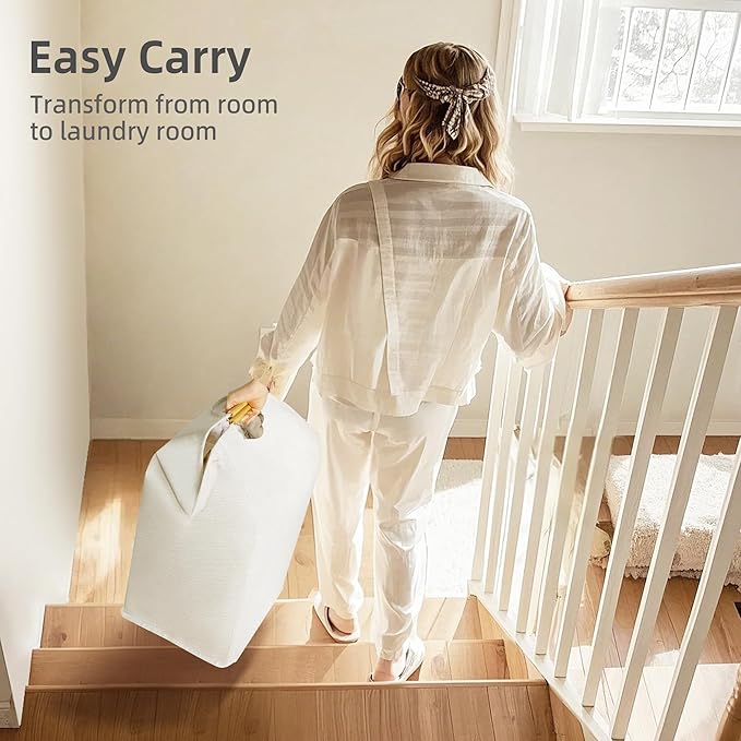 STORAGE MANIAC Large Laundry Hamper, 80L (21.1 Gal) Collapsible Laundry Basket with Bamboo Handles, Freestanding Waterproof Clothes Hamper for Laundry Room, Bedroom, Dorm, Towels, Toys, Beige