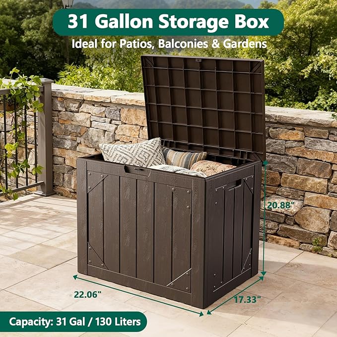 Outdoor Storage Box, 31 Gallon Lockable Waterproof Deck Storage Box, Yard Storage Bin, Suitable for Gardens, Brown