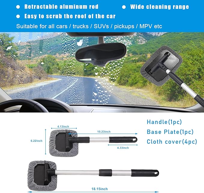 Ziciner Car Windshield Cleaner, Microfiber Auto Cleaning Wiper with Aluminum Extendable Handle and 2 Washable Reusable Cloth Pad Head, Universal Car Interior Exterior Cleaner Kit (Gray-Rectangle)
