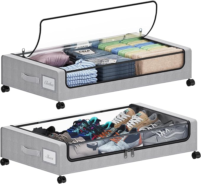 Under Bed Storage with Wheels, XXL 60L Under the Bed Storage Bins, Underbed Storage Containers with Lids & Label, Rolling Metal Drawer for Shoes, Clothes, Books, Toys (2-Pack Gray)
