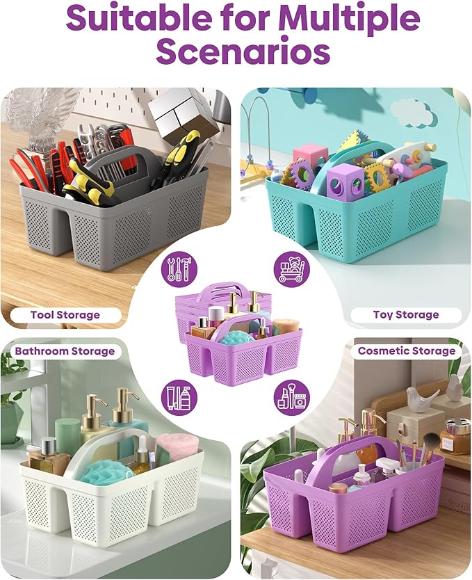 MLIKLU 4 Pack Portable Shower Caddy, Integrated Handle, Reinforced Plastic, Quick-Dry Ventilation Holes, Multi-purpose Storage Basket for Home, Dorm and Bathroom, Kitchen, Under Sink Storage, Purple