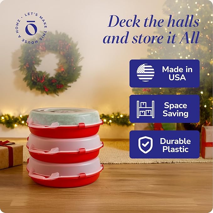 HOMZ 3-Pack 24 Inch Seasonal Holiday Clear Plastic Wreath Storage Containers, Red – Stackable Decoration Organizer Bins with Lids and Handles for Christmas Wreaths and Garlands