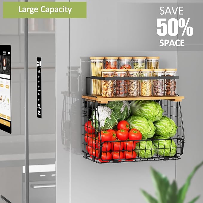 Magnetic Shelf for Fridge with Wood Lid: 2 Pack Fruit Potato and Onion Storage Bin - Magnetic Spice Rack for Refrigerator & Kitchen Counter - Pantry Organizers and Storage