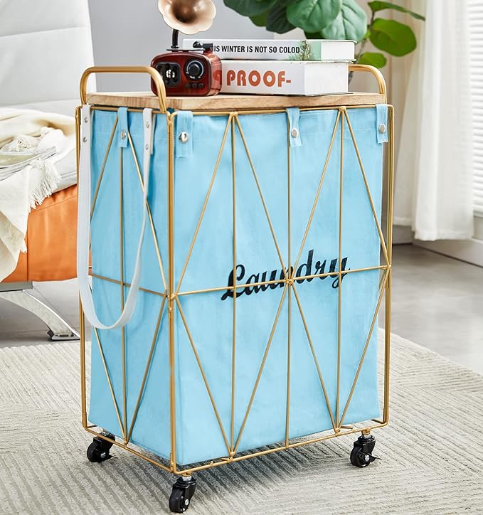 Mxfurhawa Iron Wire Laundry Hamper With Rolling Lockable Wheels, FoldinLaundry Storage Basket with Handles,Detachable Liner Collapsible Dirty Laundry Cart Sorter Clothes Basket Organizer (81-Gold)