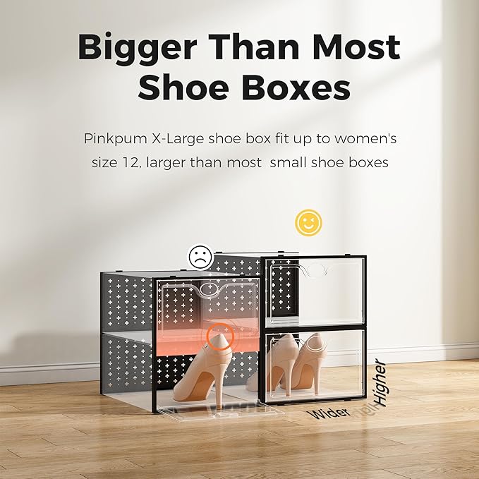 Pinkpum 15 Pack X-Large Shoe Storage Boxes, Shoe Organizer for Closet Clear Plastic Stackable Shoe Dispaly Case Bins Holder, Sneaker Storage for Sneakerheads Black