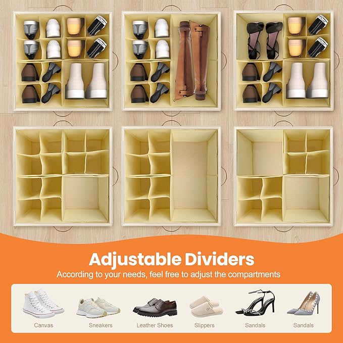 Shoe Organizer for Closet, 2 Pack Shoe Storage Organizer with Wheels and Adjustable Dividers, Stackable Shoe Storage Box with Clear Cover, Closet Shoe Organizer Fits up to 16-32 Pairs, Gray and Beige