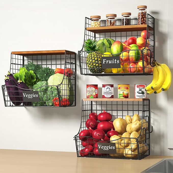 3 Pack Fruit Basket for Kitchen with Wood Lid - Counter&Wall Mounted Onion and Potato Storage with Nameplate, Stackable Storage Basket, Hanging Metal Wire Baskets Kitchen Countertop Organizer Pantry