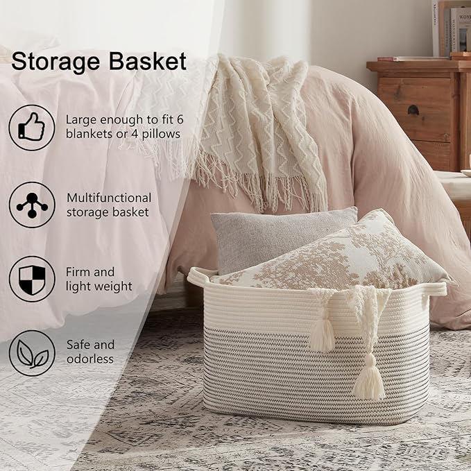 OIAHOMY Large Storage Basket, Cotton Rope Woven Blanket Basket, Toy Bin for Baby Room, Container for Blanket Storage in Living Room, 20''×16''×12'', Black & White