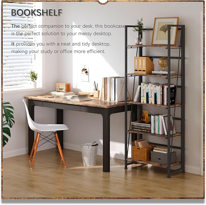 4NM No Assembly Folding Bookshelf, 5-Shelf 62.2" H Collapsible Foldable Bookcase Storage for Small Spaces, Rustic Brown and Black | 4NM, No-Assembly, Folding, Bookshelf, Storage Shelves, 5 Tiers