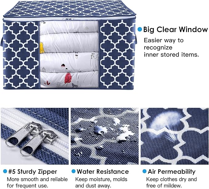 WISELIFE Storage Bags, Large Blanket Clothes Organization and Storage Containers for Bedding, Comforters, Foldable Organizer with Reinforced Handle, Clear Window,Sturdy Zippers,(Blue, 4 x 100L)