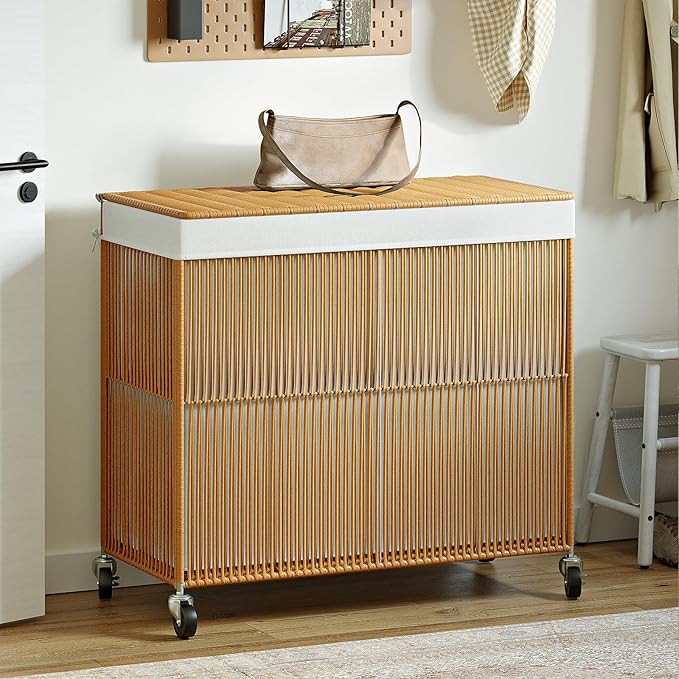 WOWLIVE Laundry Hamper with Wheels, 160L Handwoven Rolling Laundry Basket 3 Section with Lid, Clothes Hamper with Removable Liner Bags, Large Capacity Laundry Sorter Laundry Room Organization, Natural