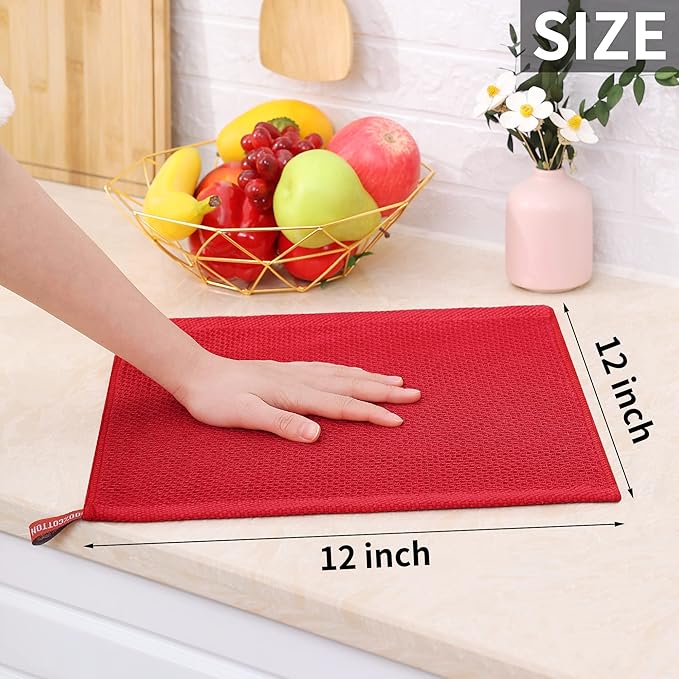 Homaxy 100% Cotton Waffle Weave Kitchen Dish Cloths, Ultra Soft Absorbent Quick Drying Dish Towels, 12 x 12 Inches, 6-Pack, Red