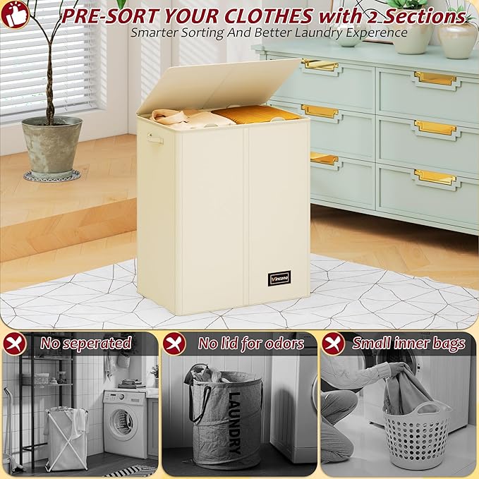 150L Laundry Hamper 2 Section, Large Laundry Hamper with Lid, Dirty Clothes Hamper with 2 Removable Inner Bags, Collapsible Laundry Basket Organizer for for Clothes Toys Towels, Hamper 2 Compartment