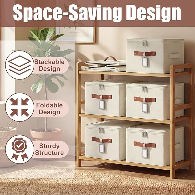 Fiwochic 6 Pack Fabric Storage Bins with Lids, 10×8×7Inch Foldable Cotton Linen Storage Boxes with PU Leather Handles and Label Holders for Closet, Bedroom, Shelf, Nursery, Beige
