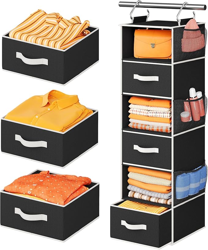 Pipishell Hanging Closet Organizer 6-Shelf, Hanging Shelves for Closet with 3 Removable Drawers & Side Pockets for Bedroom, Garment Rack and Wardrobe Organization, 12' x 12' x 43.3', Black