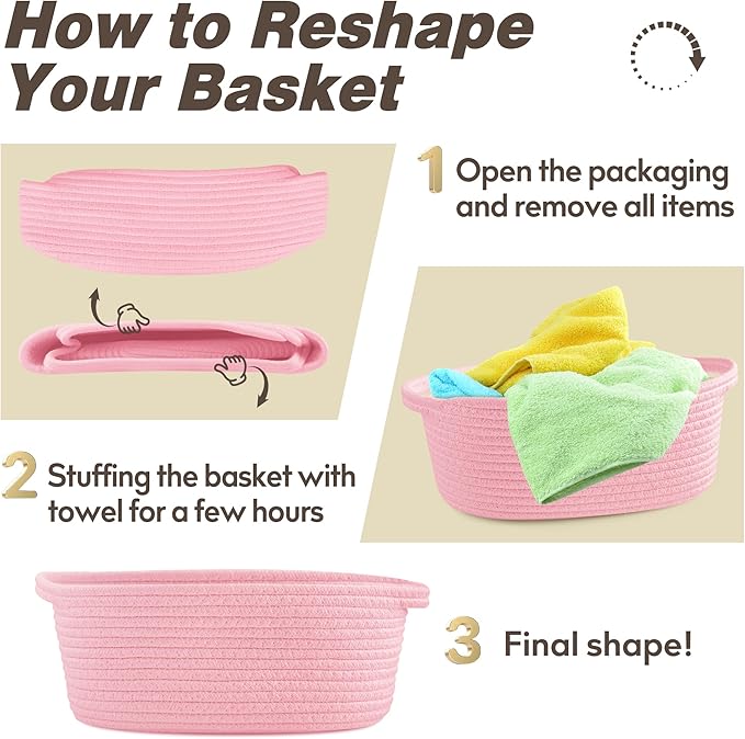 Pro Goleem Small Woven Basket with Gift Bags and Ribbons Durable Baskets for Gifts Empty Small Rope Basket for Storage 12"X 8" X 5" Baby Toy Basket with Handles, Pink