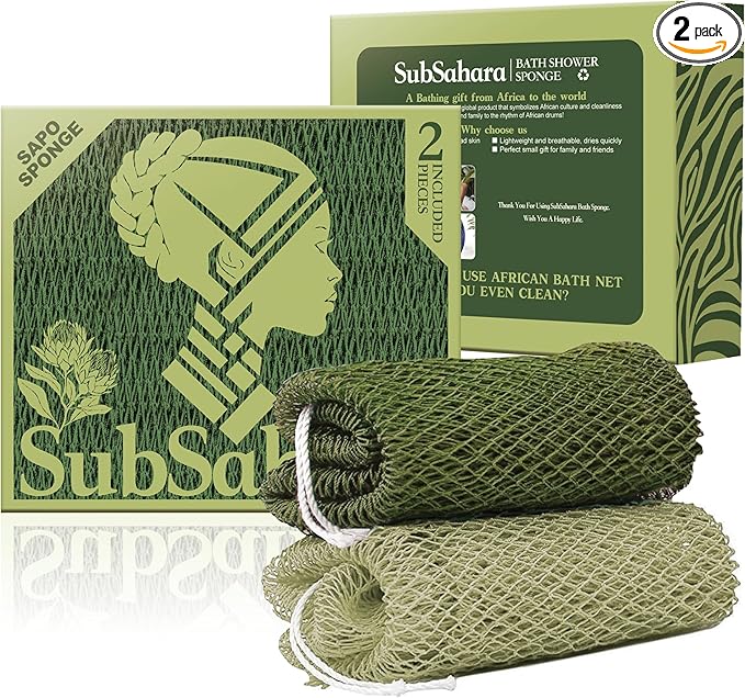 SubSahara Authentic African Net Sponge - 2 Pack Exfoliating Bath & Shower Loofah Sponge for Body & Face, Gentle Scrubber for All Skin Types, Travel, Durable (Olive Green & Light Green)