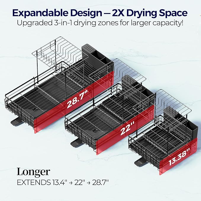 2 Tier Large Dish Drying Rack, Expandable Dish Rack for Kitchen Counter, Dish Drainer with Drainboard Set, Multifunctional Dishrack with Utensil Holder & Cup Holder, 13.4"-28.7" L x 11.8" W