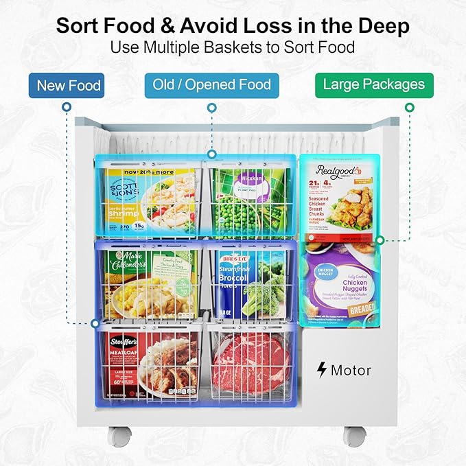 iSPECLE Freezer Organizer Bins - 4 Pack Adjustable Width for 5 to 7 Cu.Ft Chest Freezers, Stackable Wire Storage Baskets for Deep Freezer Organization, Assembly Required, White