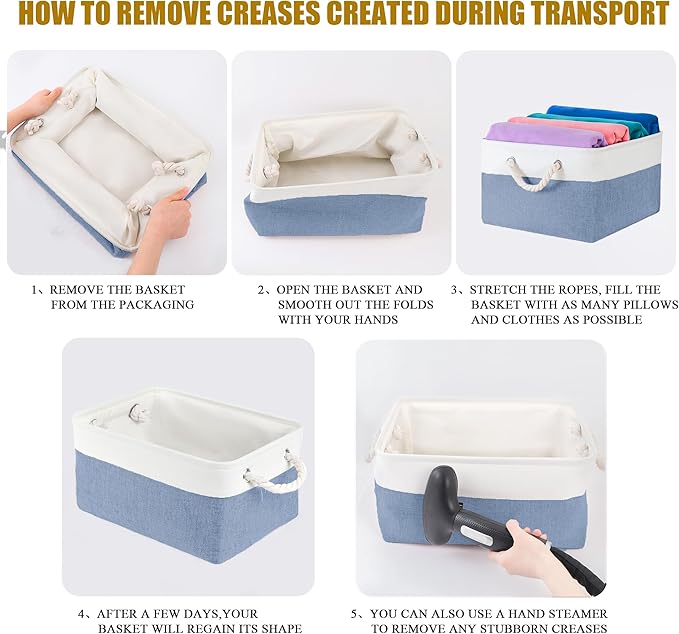 Storage Bins with Sturdy Cotton Handles(3 Pack), Fabric Storage Baskets for Organizing use for Office & Home, Book, Clothes, Toys, Closet Boxes (Large, Blue-White, 15.7x11.8x7.9 inches)