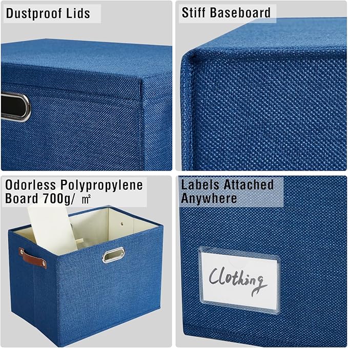 Roobyl 17" Large Collapsible Storage Bins with Lids, Stackable Closet Organizers with PU Handle and Labels, 3-Pack Decorative Fabric Storage Boxes for Home, Bedroom, Closet, Office, Nursery(Navy)