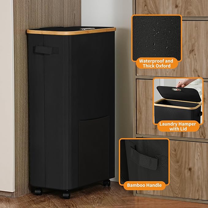 Laundry Basket with Wheels, Dirty Clothes Hamper on Wheels, Rolling Tall Laundry Hamper with lid for Laundry Room, Dorm and Bathroom, 75L Black