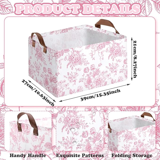 Boao 3 Pcs Pink Floral Foldable Storage Baskets Pink Hydrangea Laundry Basket with Handles Waterproof Storage Bins Fabric Shelf Baskets for Organizing Closet Clothes