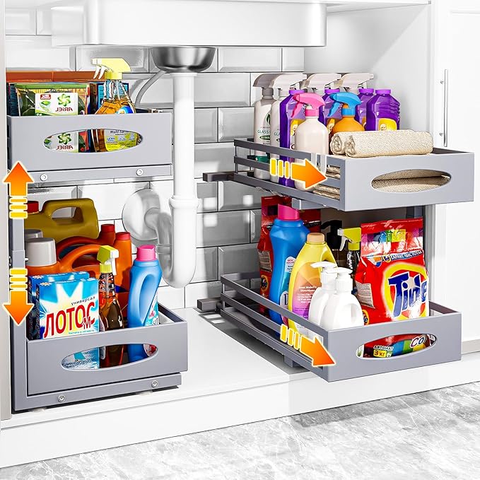 Under Sink Organizer, 2 Tier Under Sink Organizers and Storage, Adjustable Height, Slide out Metal Cabinet Organizers, Pull out Cabinet Storage Drawer Shelf for Kitchen Bathroom (Gray, 2Pack)