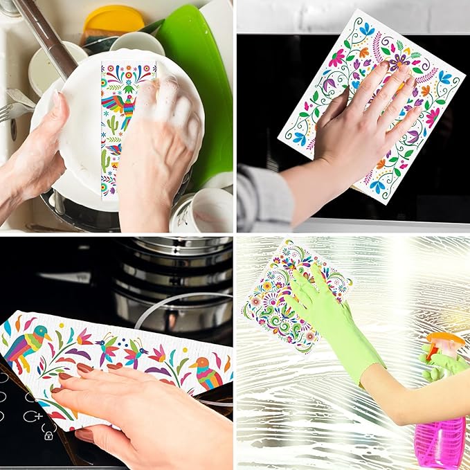 Reusable Swedish Dishcloths for Kitchen, 6PCS Mexican Talavera Otomi Cellulose Sponge Paper Towels Washable, Fast Drying Absorbent Swedish Dish Cloth for Home Cooking