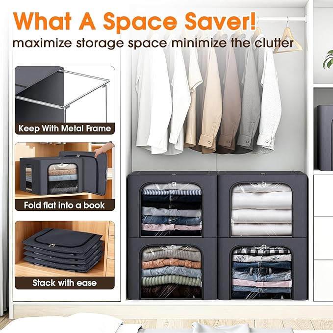 8 Pack Clothes Storage Bins with Metal Frame,40L Storage Bags Fabric Box Organizer with Clear Window,Zippers,Sturdy Handles(8 Pcs,Light Grey,40L)