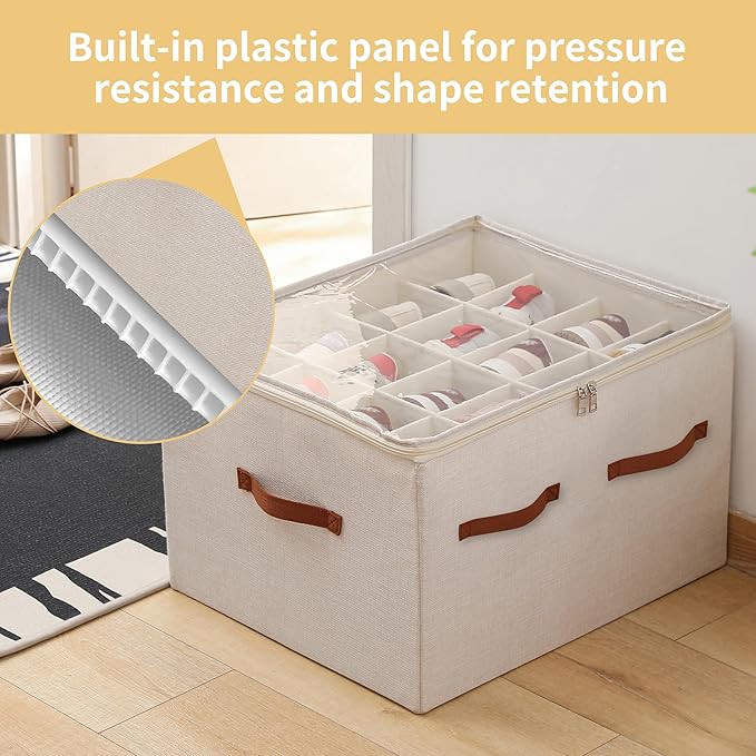 Shoe Organizer for Closet, Foldable Large Shoe Storage Box with Clear Cover, Removable Partitions and Bottom are Supported by Plastic Boards (Beige, 20.5“Lx16.9 Wx13'H)