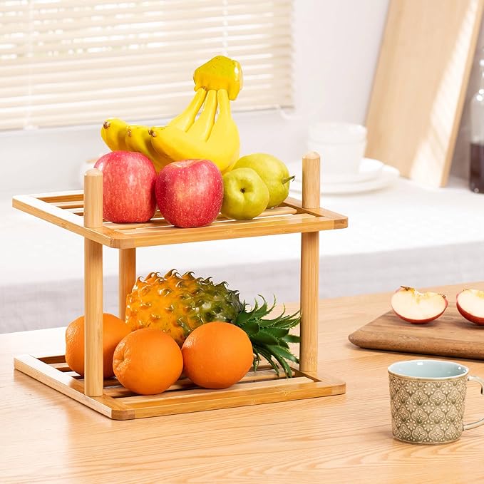 2-Tier Cabinet Organizer Shelf - Bamboo Corner Rack for Kitchen Counter, Cabinet Space Saver for Plates, Dishes, Bowls, Bread - Pantry and Bathroom Storage or Countertop(1, 6.7" H-Large)